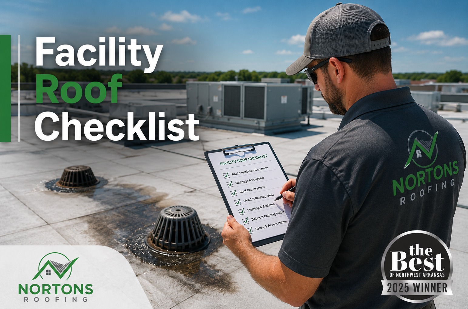 Facility manager inspecting a commercial roof as part of a preventive roof maintenance plan