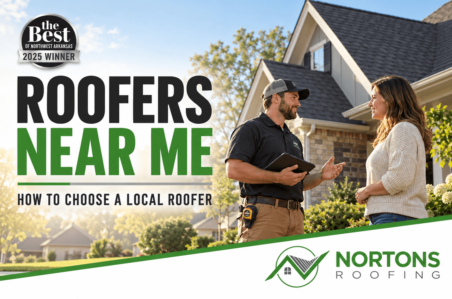 Local roofer speaking with a homeowner outside a Northwest Arkansas home